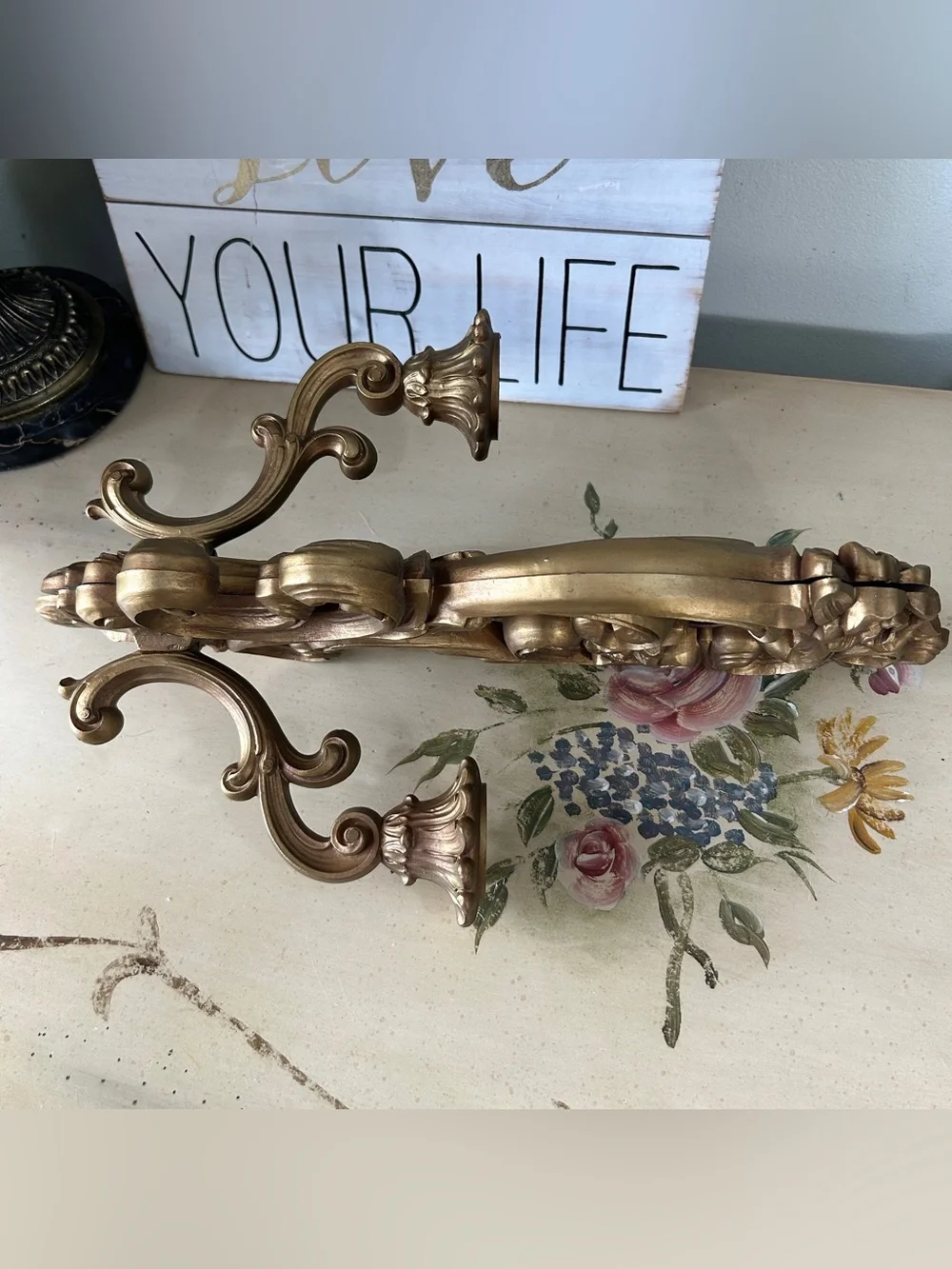 Vintage SET of 2 Homco Gold Bronze Ornate Floral Wall Sconces
